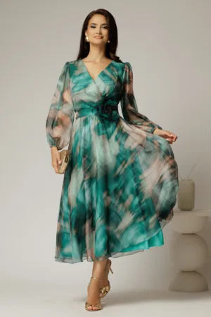 Rochie midi de ocazie verde turcoaz din voal cu imprimeuri bej