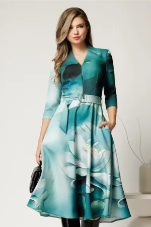 Rochie midi de zi cu imprimeu in nuante de turcoaz