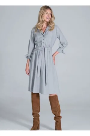 Rochie midi de zi - gri - cu decolteu in V - maneci 7/8 - din bumbac si poliester