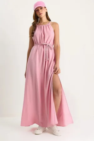 Rochie midi -  decolteu halter - roz pudrat - poliester si lycra