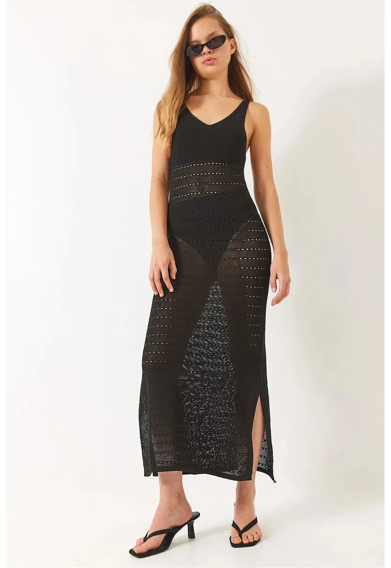 Rochie midi - decolteu in V - crapatura - negru - tricot -