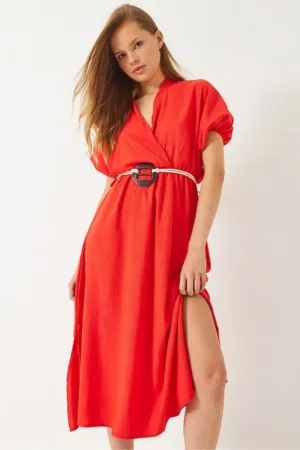 Rochie midi -  decolteu in V - curea - rosu - bumbac/poliester