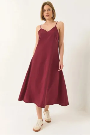 Rochie midi -  decolteu in V - fermoar - rosie - bumbac/poliester