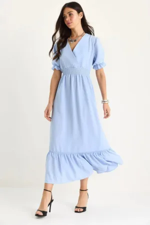 Rochie midi -  decolteu in V - funda - albastru - poliester-bumbac