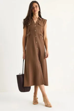 Rochie midi  decolteu in V - funda - maro - viscoza-bumbac