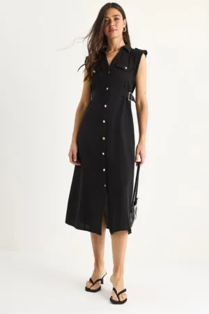 Rochie midi  decolteu in V - funda - negru - viscoza-bumbac