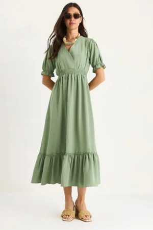Rochie midi -  decolteu in V - funda - verde - poliester-bumbac