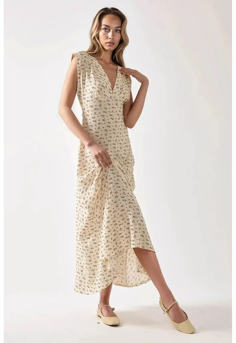 Rochie midi - decolteu in V - imprimeu floral - multicolor - jerseu