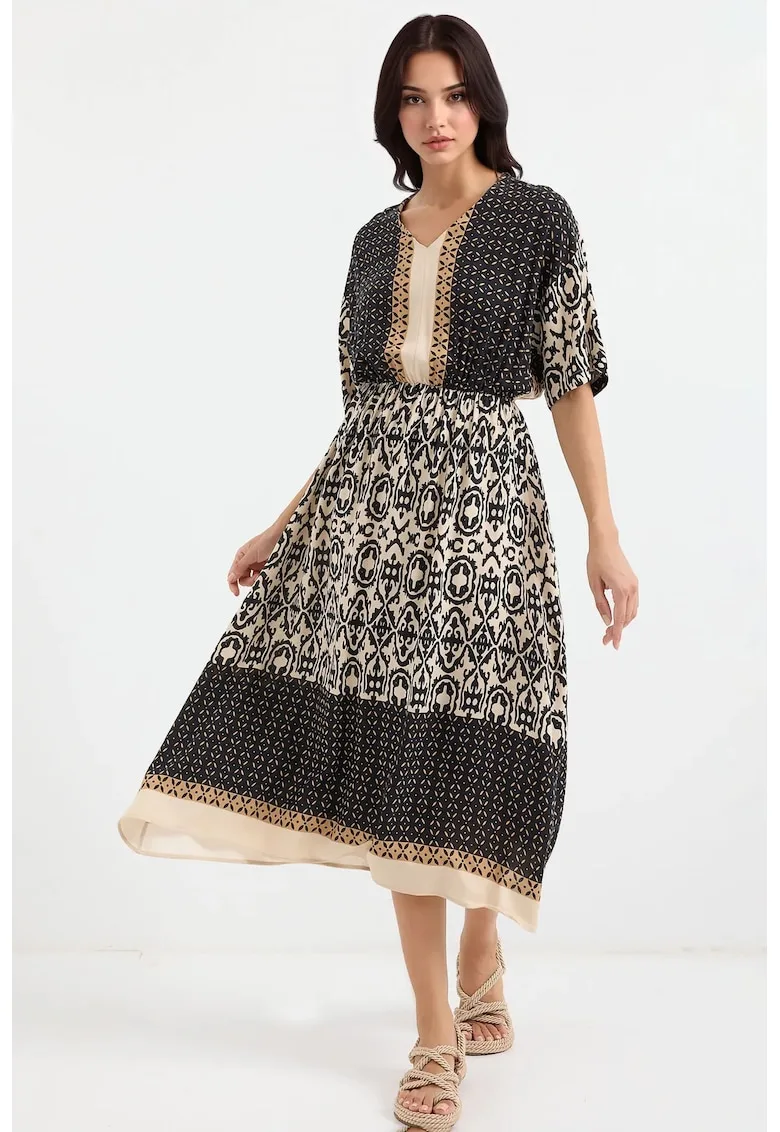 Rochie midi - HiCCUP - decolteu in V - imprimeu - negru - viscoza