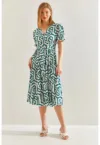 Rochie midi -  decolteu in V - model geometric - alb-verde - viscoza -