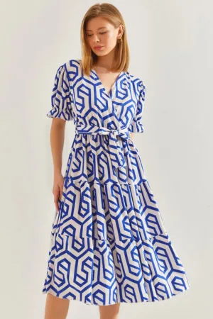 Rochie midi -  decolteu in V - model geometric - albastru - viscoza -