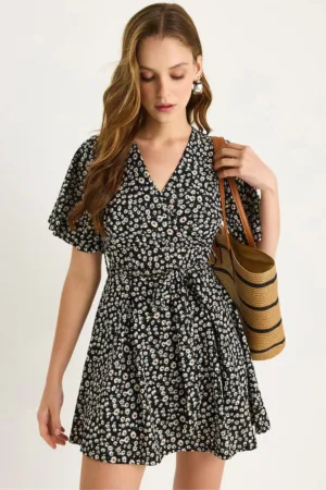 Rochie midi -  decolteu in V - negru - bumbac-lycra