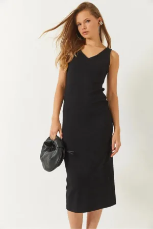 Rochie midi -  decolteu in V - nervuri - negru - jerseu