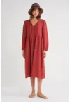 Rochie midi  decolteu in V - rosu caramiziu - textil
