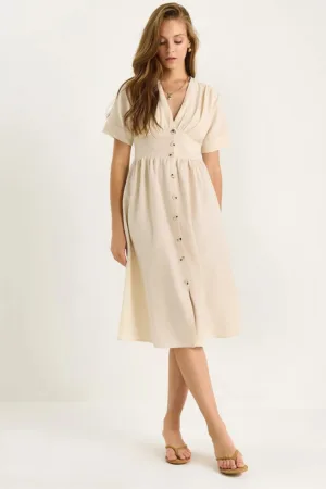 Rochie midi -  decolteu in V - textil - bej