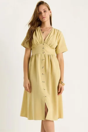 Rochie midi -  decolteu in V - textil - galben