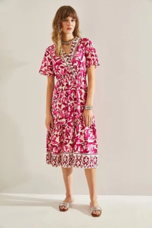 Rochie midi -  decolteu in V - volane - roz - bumbac -