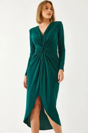 Rochie midi -  decolteu in V - volane - verde - bumbac-lycra