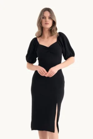 Rochie midi -  decolteu in forma de inima - crapatura laterala - negru - textil