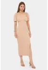 Rochie midi -  decolteu in forma de inima - maneci bufante - bej - textil