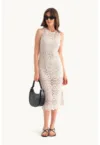 Rochie midi -  decolteu rotund - dantela crosetata - alb - jerseu
