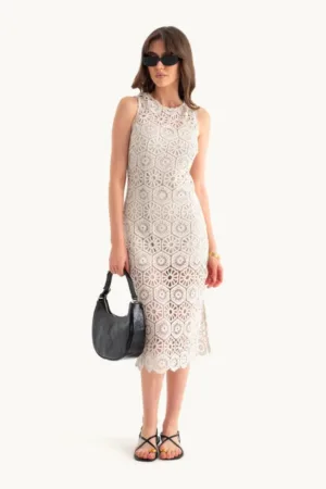 Rochie midi -  decolteu rotund - dantela crosetata - alb - jerseu