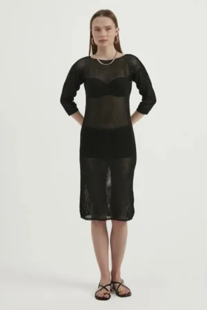 Rochie -  midi - decolteu rotund - tricot - Negru -