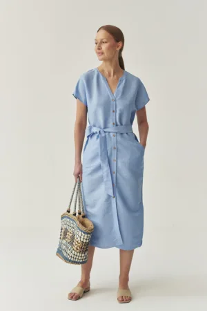 Rochie midi din amestec de in cu cordon in talie