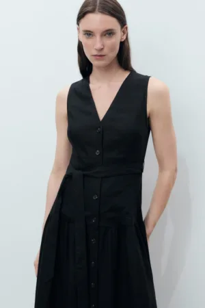 Rochie midi din amestec de in cu cordon in talie si croiala in A - Negru -