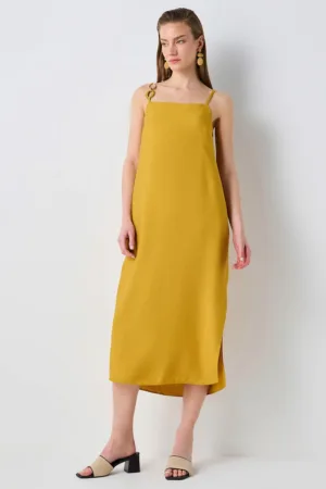 Rochie midi din amestec de in cu croiala dreapta