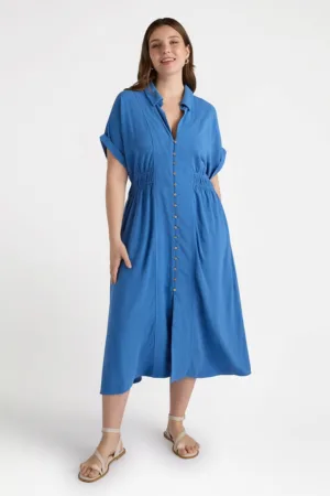 Rochie midi din amestec de in cu croiala evazata