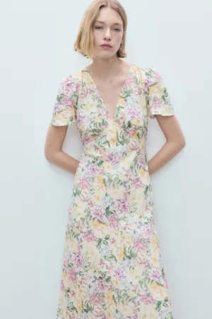 Rochie midi din amestec de in cu croiala in A si decolteu in V