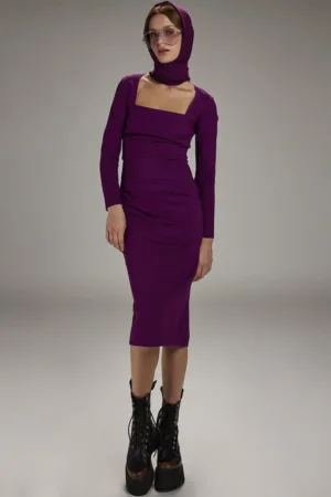 Rochie midi din amestec de in cu decolteu patrat