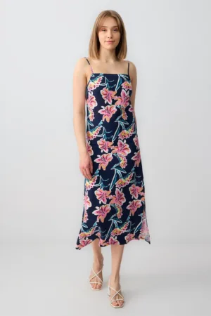 Rochie midi din amestec de in cu model floral si slit lateral