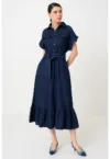Rochie midi din amestec de in cu terminatie cu volan si cordon in talie
