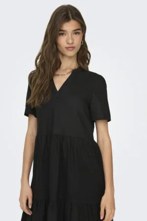 Rochie midi din amestec de in - volane si decolteu in V
