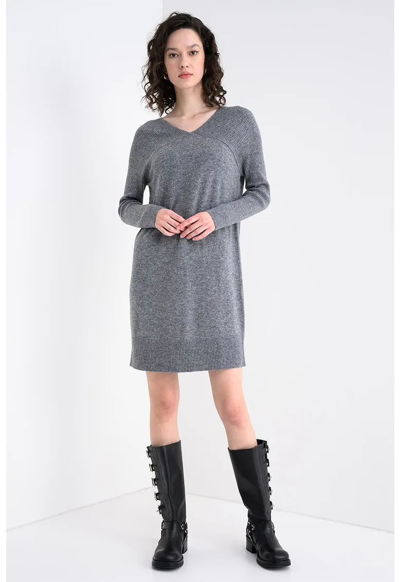 Rochie midi din amestec de lana cu decolteu in V