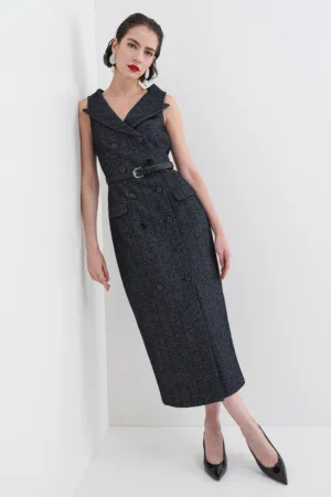 Rochie midi din amestec de lana cu nasturi si curea in talie