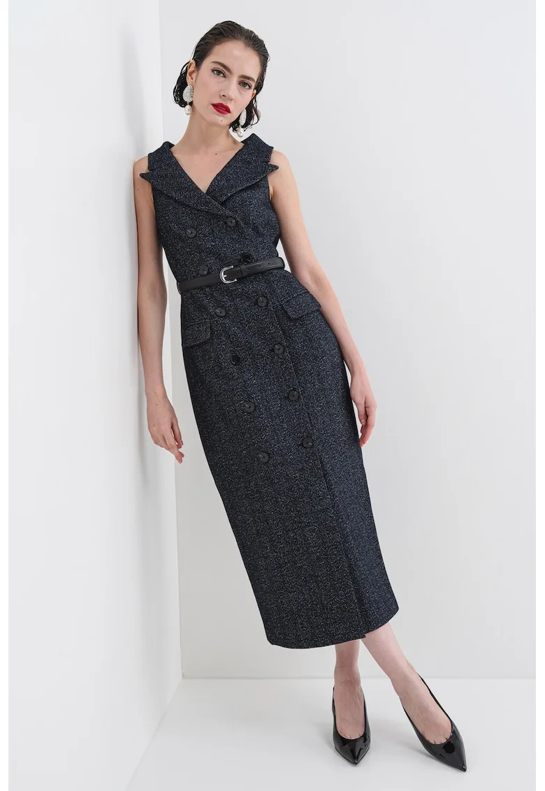 Rochie midi din amestec de lana cu nasturi si curea in talie