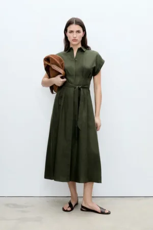 Rochie midi din amestec de lyocell si in cu cordon in talie