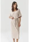 Rochie midi din amestec de nmodal cu cordon in talie