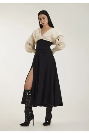 Rochie midi din bumbac cu drapaje - Negru