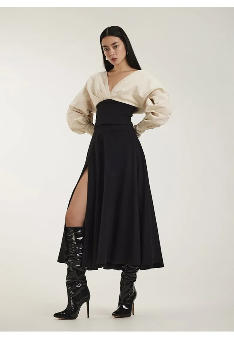 Rochie midi din bumbac cu drapaje - Negru