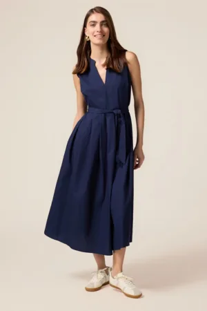 Rochie midi din bumbac fara maneci cu cordon in talie