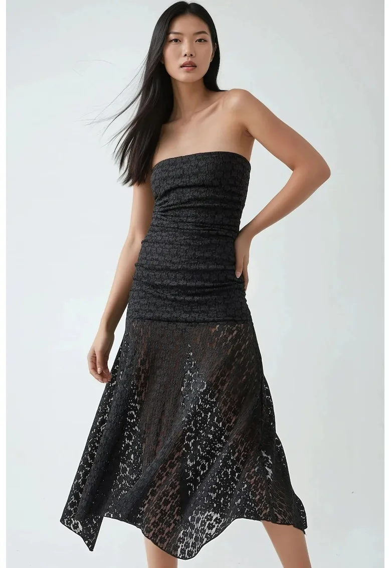 Rochie midi din dantela fara bretele - negru - eleganta