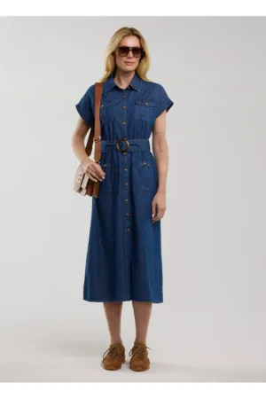 Rochie midi din denim cu buzunare aplicate - Albastru