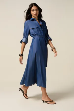 Rochie midi din denim cu cordon in talie