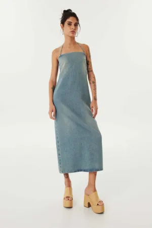 Rochie midi din denim cu decolteu halter