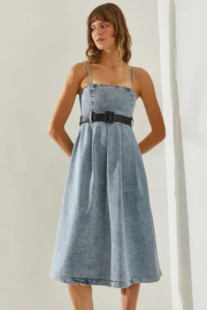 Rochie midi din denim  curea - guler patrat - albastru - bumbac