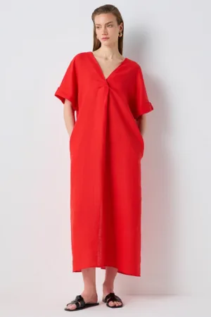 Rochie midi din in cu croiala dreapta si buzunare laterale